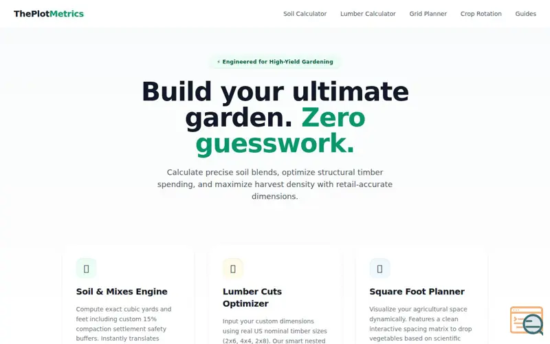 Screenshot of ThePlotMetrics - Backyard & Bed Toolkits, a launch using Namecheap DNS