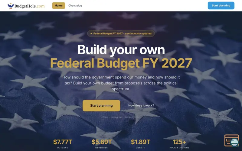 Screenshot of BudgetHole.com - Build your own federal budget FY 2027, a launch using Ritual Dissent