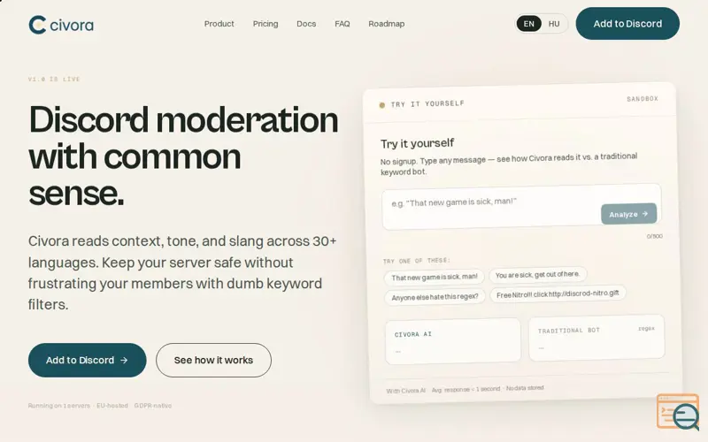 Screenshot of Civora — Discord moderation with AI