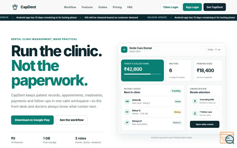 Screenshot of CapDent | Free Dental Clinic Management Software for India