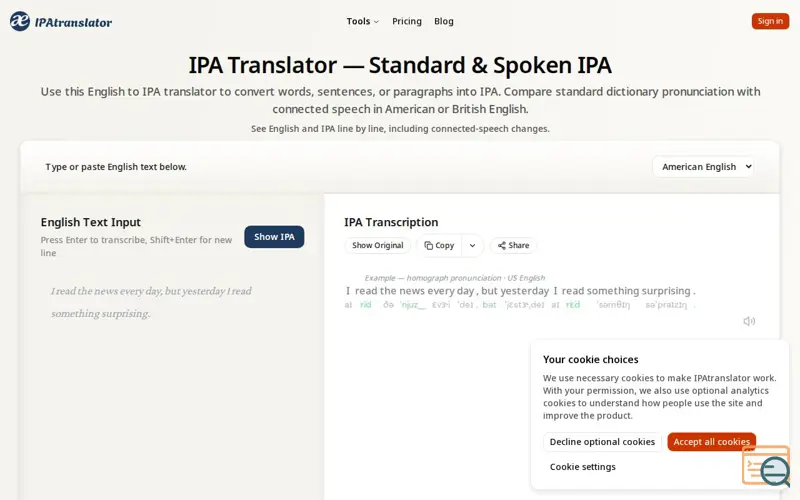 Screenshot of IPA Translator — Try It, See How English Sentences Sound