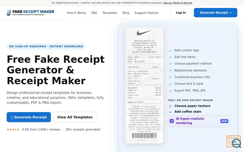 Screenshot of Fake Receipt Maker