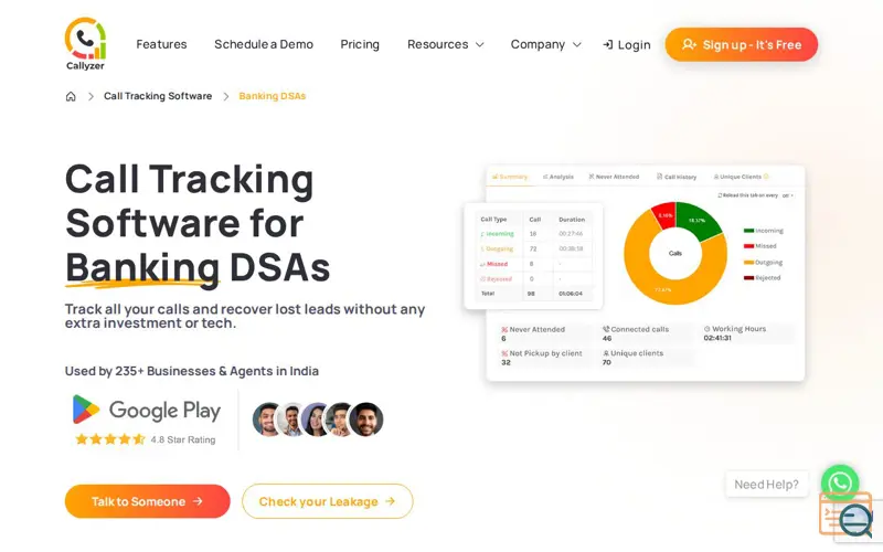 Screenshot of Banking DSAs - Callyzer
