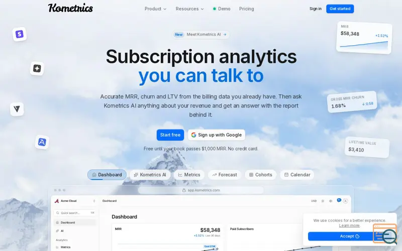 Screenshot of Kometrics - Subscription & Revenue Analytics for the AI Era