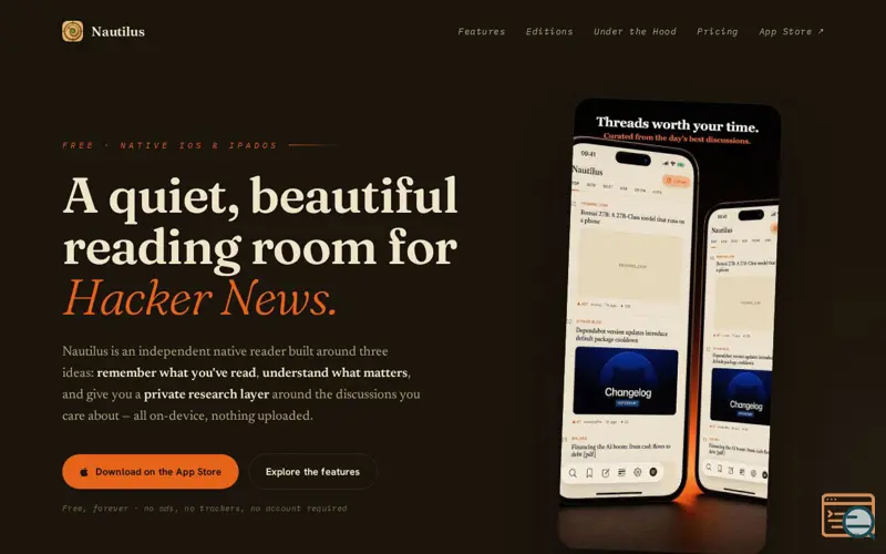 Screenshot of Nautilus: Read Hacker News in a calm way