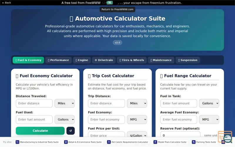 Screenshot of FreeWWW Automotive Calculator Suite
