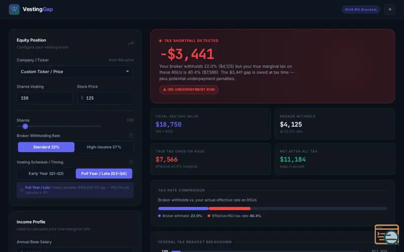 Screenshot of VestingGap — RSU & Equity Tax Simulator