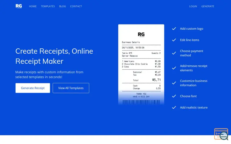 Screenshot of ReceiptGenerate.com