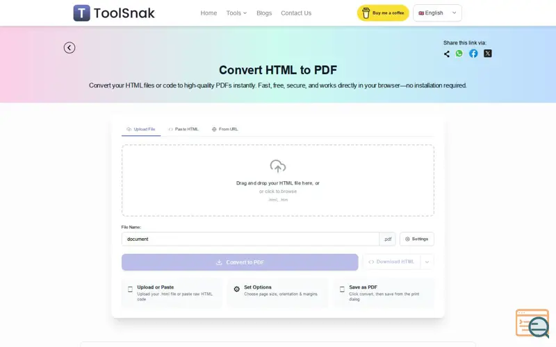 Screenshot of ToolSnak – HTML to PDF Converter