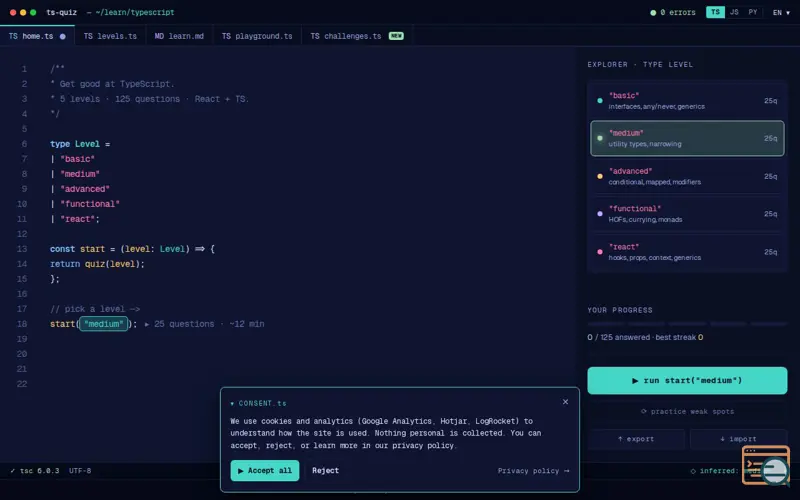 Screenshot of Practice TypeScript
