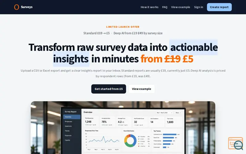 Screenshot of OVLY Surveys — CSV & Excel survey analysis from £5
