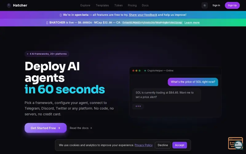 Screenshot of Hatcher, a launch using DexScreener