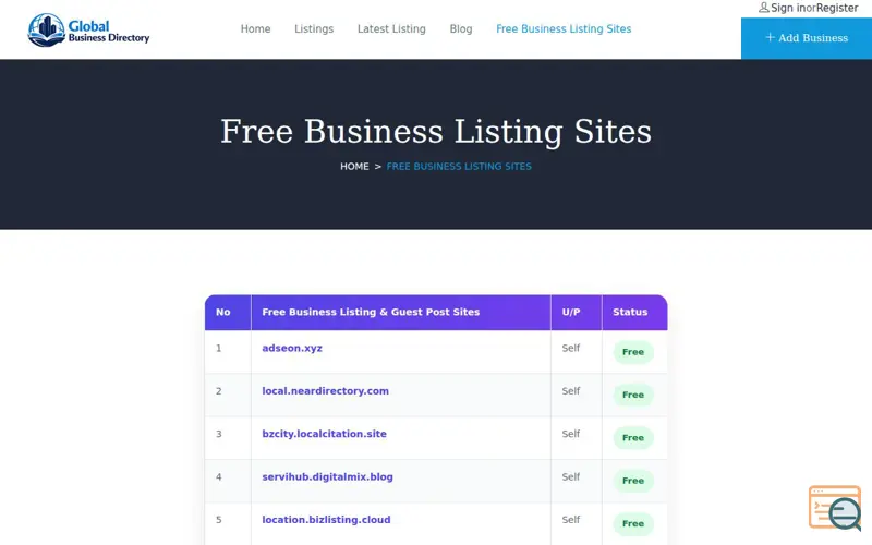 Screenshot of Free Business Listing Site