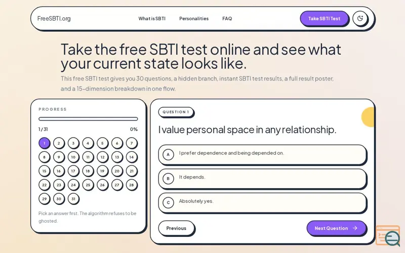 Screenshot of FreeSBTI, a launch using AIPost