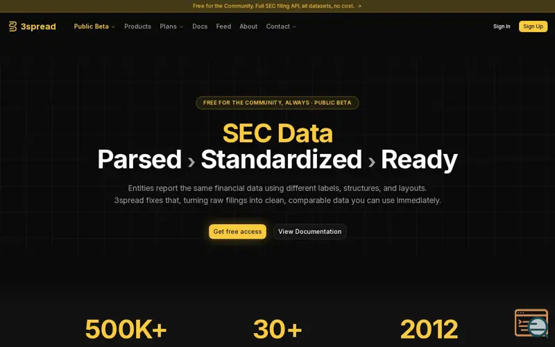 Screenshot of 3spread brings you free SEC data