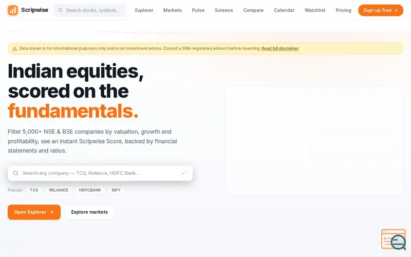 Screenshot of Scripwise — Free Indian Stock Screener & Research