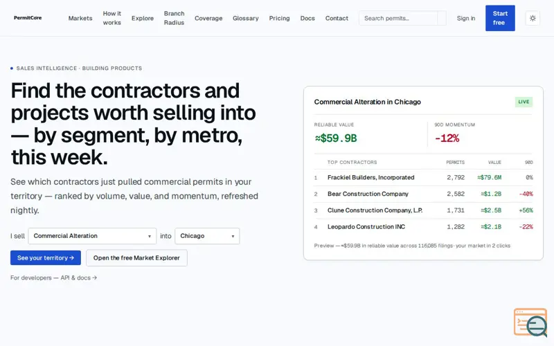 Screenshot of PermitCore — Sales intelligence for building-products teams, a launch using DuckDB