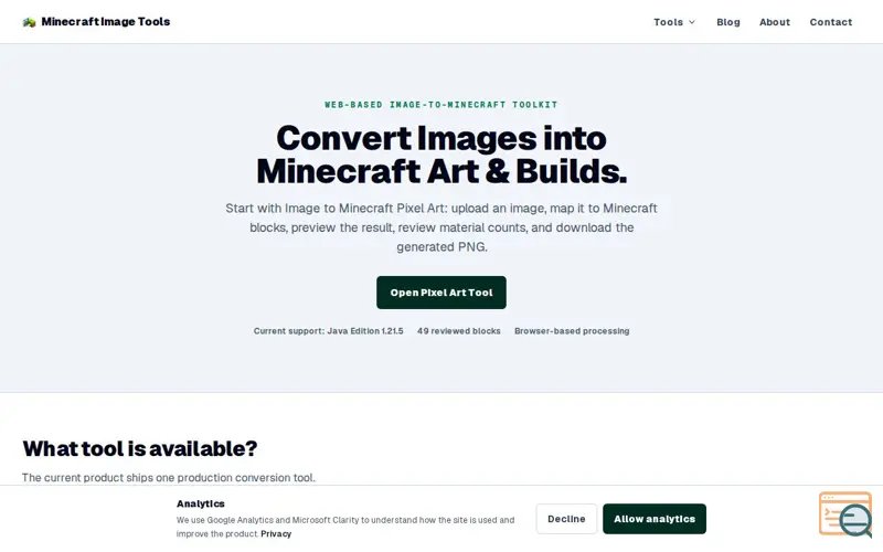 Screenshot of Minecraft Image Tools | Image to Minecraft Art & Builds