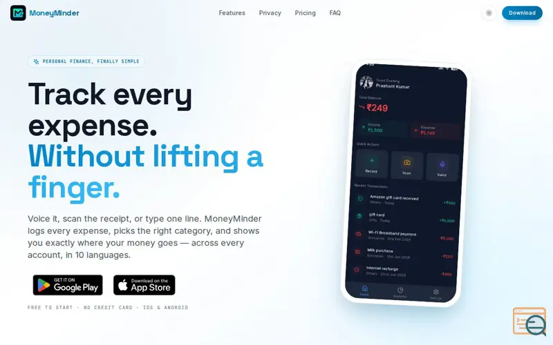 Screenshot of MoneyMinder