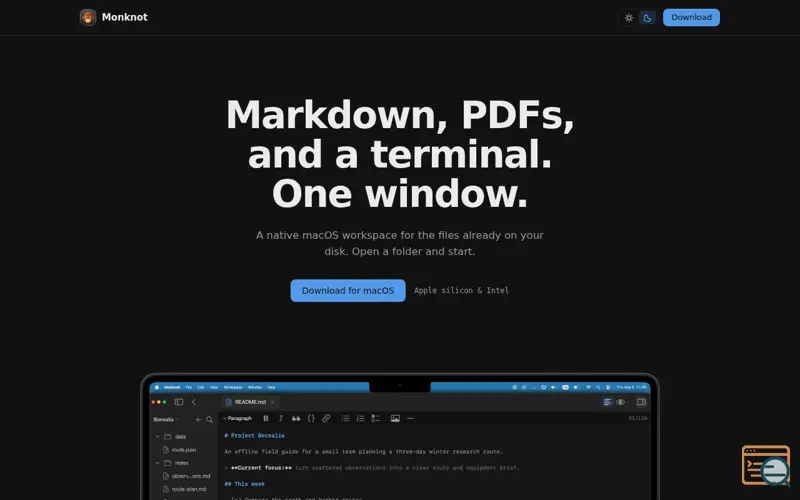 Screenshot of Monknot — Markdown Editor with PDF Tools & Terminal
