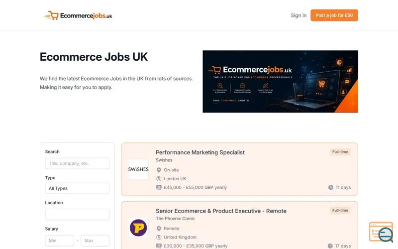Screenshot of Ecommerce Jobs UK, a launch using Krystal Email