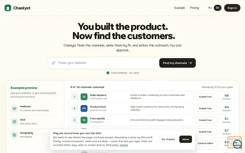 Screenshot of Chanlyst — find the channels your paying customers already use