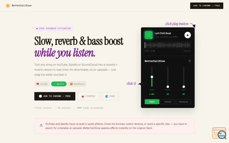 Screenshot of BetterCallSlow(Slow, reverb for Youtube,