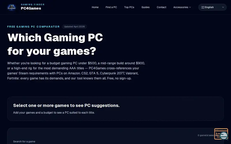 Screenshot of PC4Games — Free Gaming PC Finder 2026