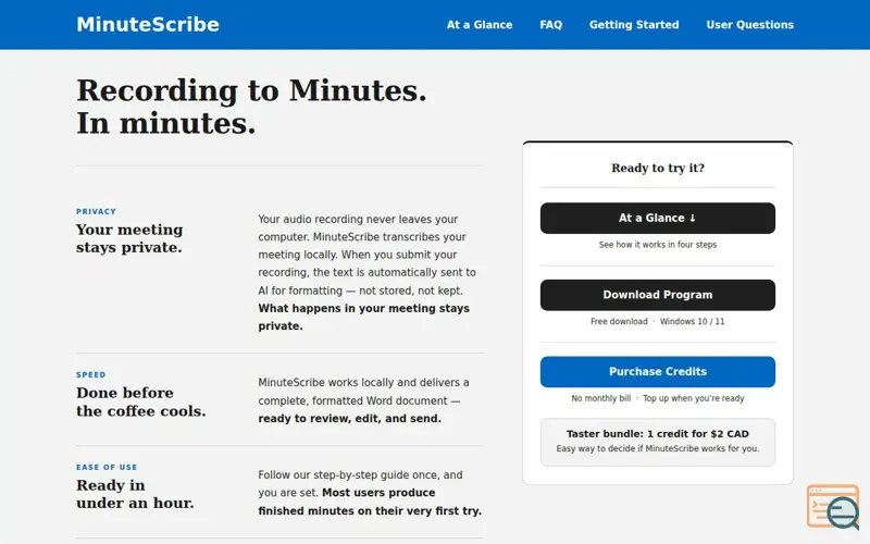 Screenshot of MinuteScribe
