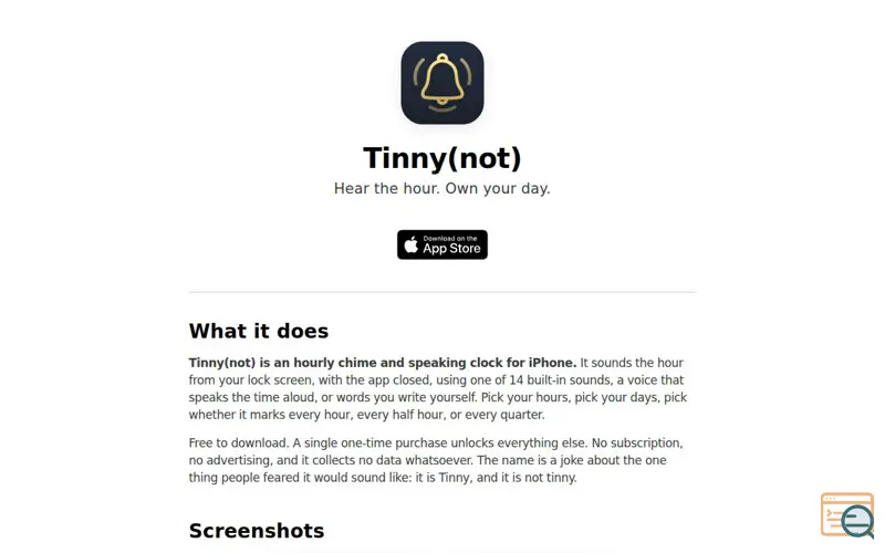 Screenshot of Tinny(not): hourly chime and speaking clock for iPhone, a launch using Netlen