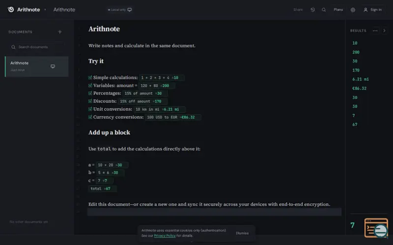 Screenshot of Arithnote