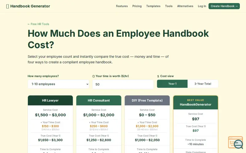 Screenshot of Employee Handbook Cost Calculator