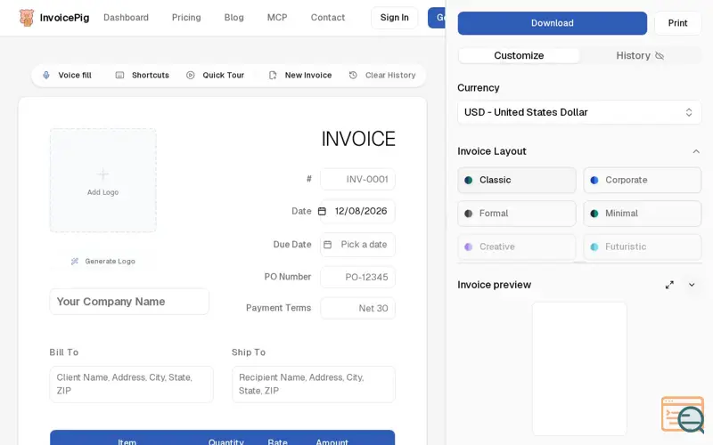 Screenshot of InvoicePig