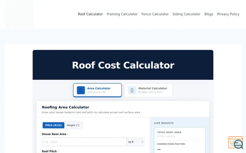 Screenshot of Roof Cost Calculator
