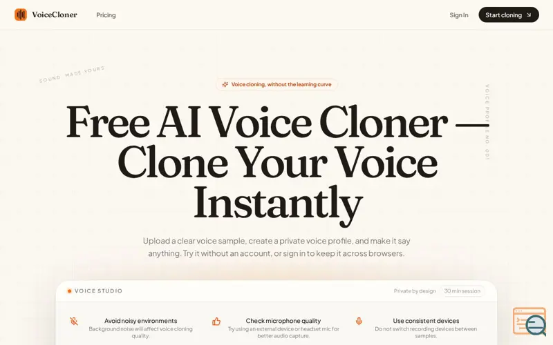 Screenshot of Free AI Voice Cloner — Clone Your Voice Instantly | VoiceCloner