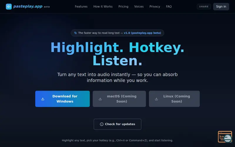Screenshot of PastePlay — Copy. Hotkey. Listen. TTS
