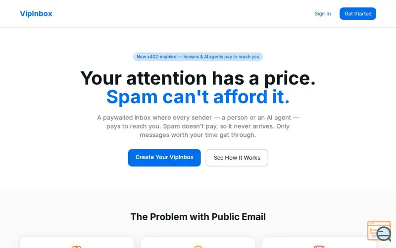 Screenshot of VipInbox - x402 Paywalled Email for Humans and AI Agents