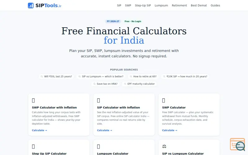 Screenshot of Free Financial Calculators for India 2026-27 | SIP Tools