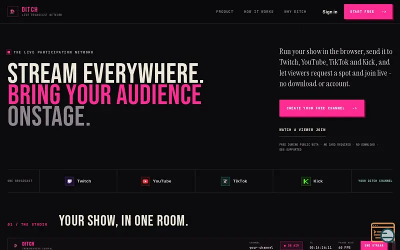Screenshot of DITCH | Go live everywhere. Let viewers in.
