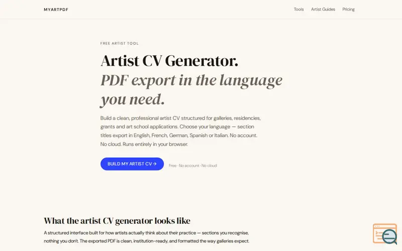 Screenshot of Artist CV Generator by MyArtPDF, a launch using Gandi