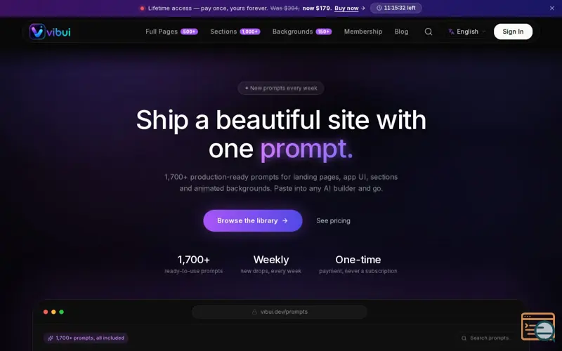 Screenshot of AI Website Prompts - Ready-to-use AI prompts for beautiful websites, a launch using WProofreader