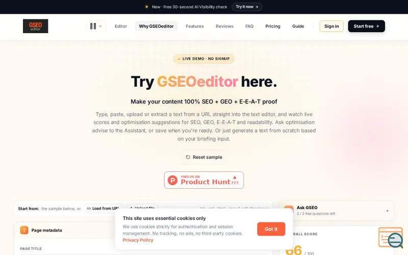 Screenshot of GSEO Editor | Full suite GEO+SEO editor