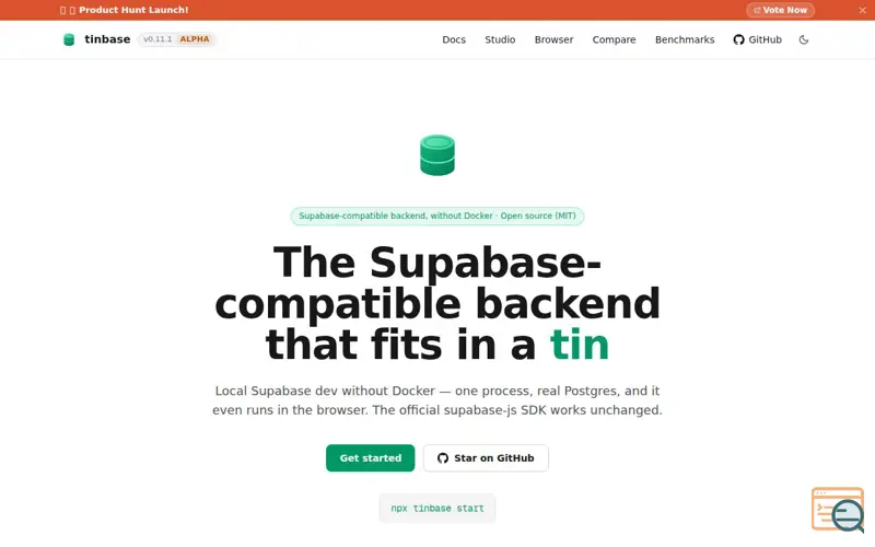 Screenshot of tinbase — the Supabase-compatible backend that fits in a tin