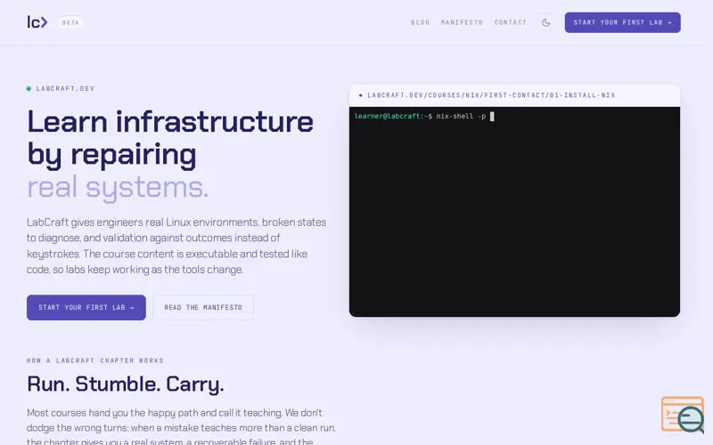 Screenshot of LabCraft — hands-on systems courses, starting with Nix