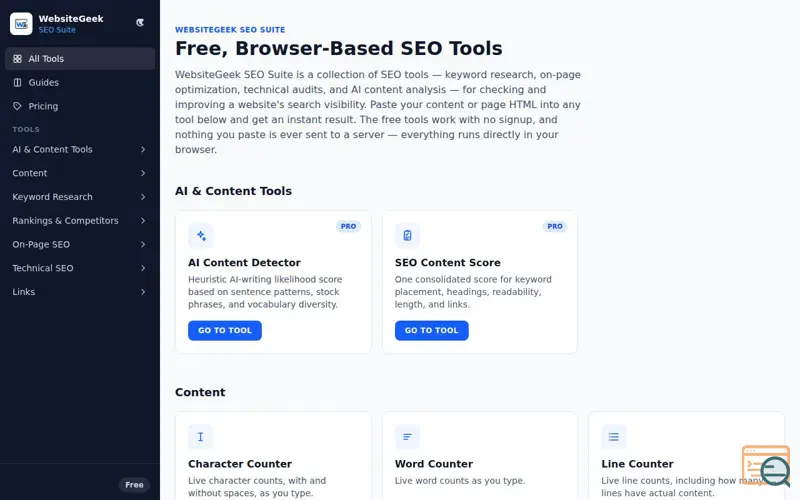 Screenshot of WebsiteGeek SEO Suite
