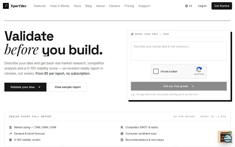 Screenshot of XpertVex, a launch using Google reCAPTCHA