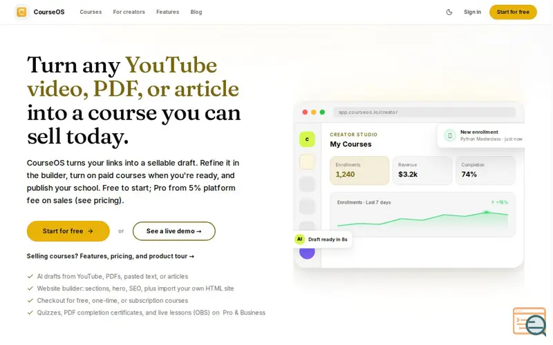 Screenshot of CourseOS, a launch using Krystal DNS