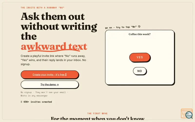 Screenshot of JustSayYesToMe - A playful way to ask someone out