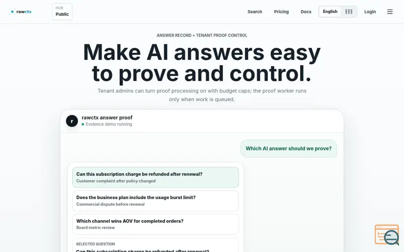 Screenshot of rawctx Answer Proof, a launch using Channel Talk
