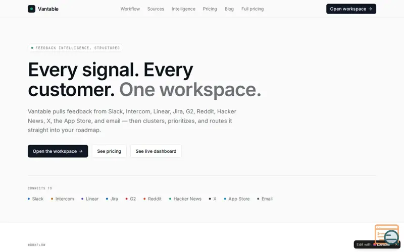 Screenshot of Vantable — Product Feedback Intelligence